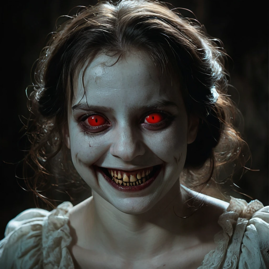 award wining masterpiece photograph converying a sense of dreadful horrors, full shot of a girl with a scary smile, searching feverishly for something, wandering silently with, detailed face, intricately detailed, dim light, exquisite backlighting,red eyes refined editorial photography, dramatic LUT