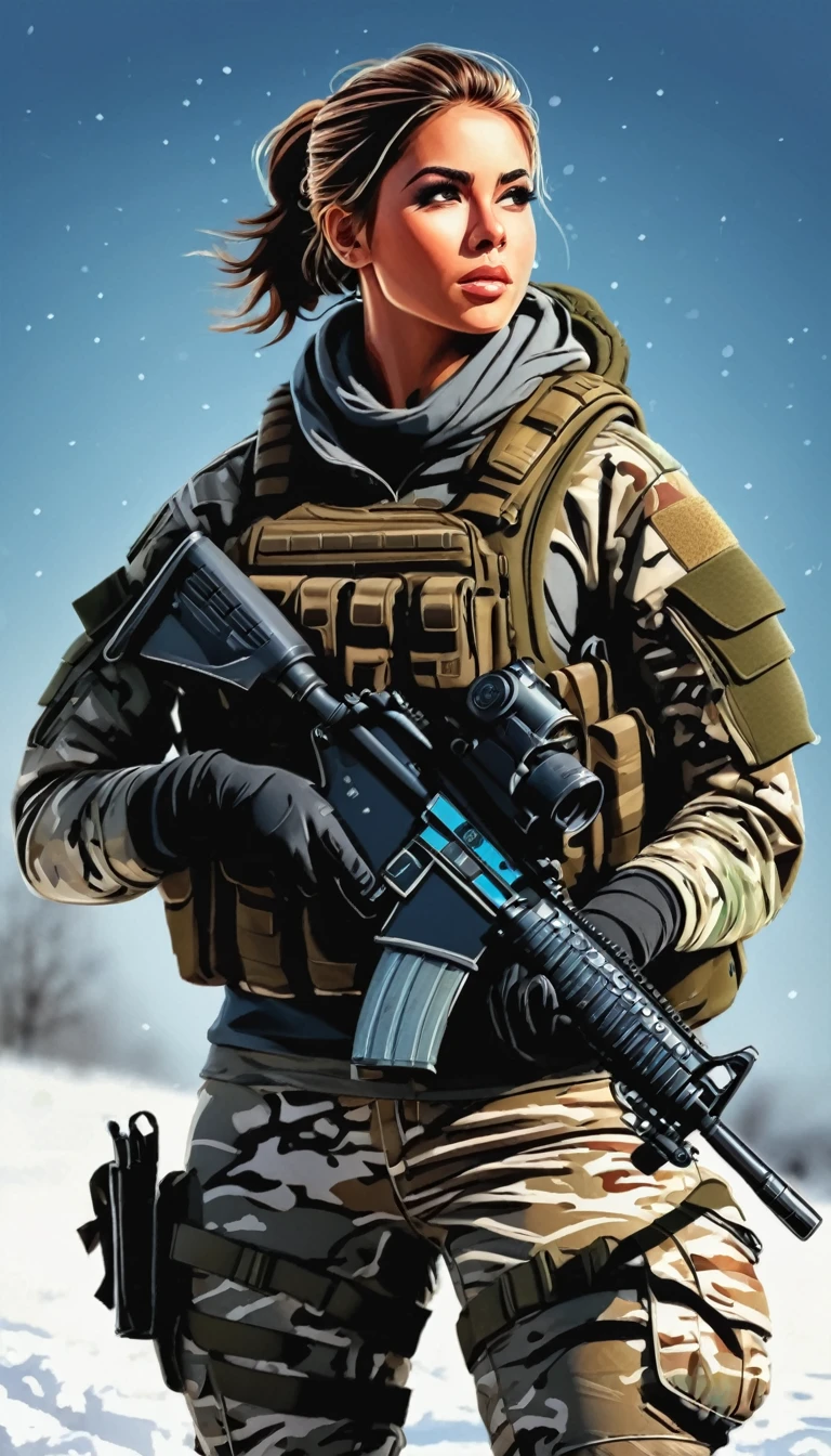 (vectorial art:1.4),(photorealisitic), beautiful lighting, best qualityer, realisitic, full - length portrait, Actual image, details Intricate, Depth of field, 1 girl, in a cold snowstorm, A very muscular soldier girl with a haircut, wearing winter camouflage military uniforms, camouflaged plate conveyor equipment, combat gloves, (magazine bags), (knee pads), highy detailed, real face, royal silhouette, automatic weapon, plein-air, bright day, beautiful lighting, CRU photo, 8k hd, Film grain ((bokeh)), vector technique, vectorial art, black backdrop, 