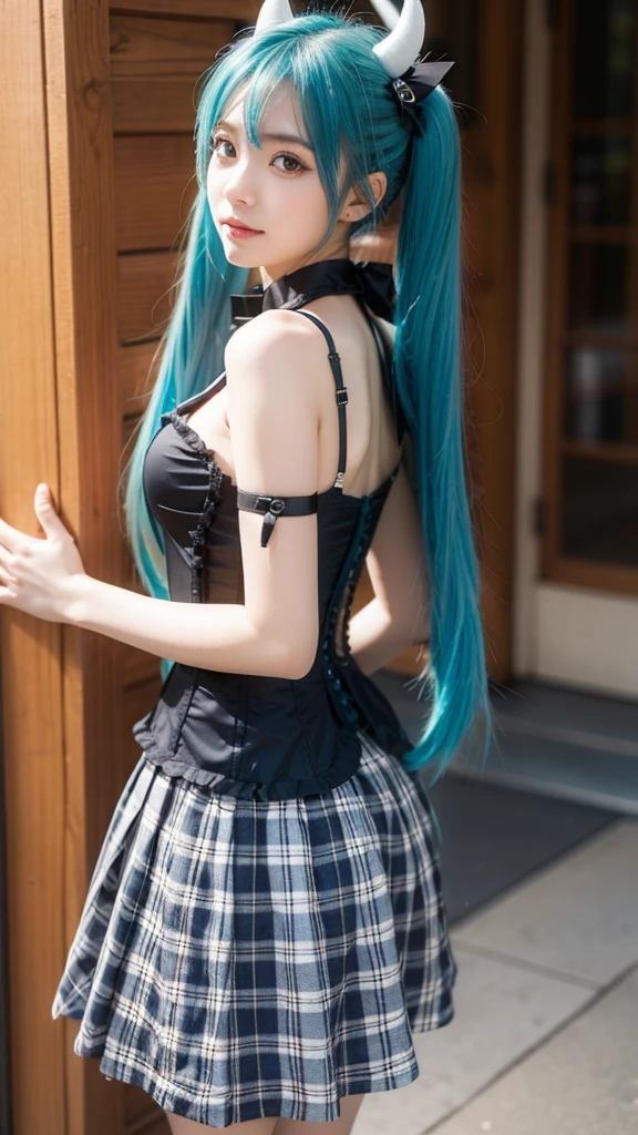 hatsune miku Cosplay costume, hatsune miku, Cosplay, Aqua Hair, Very long hair, Twin tails, shirt, corset, skirt, plaid skirt, Detachable collar, Removable sleeves, Arm warmers, bowtie, bow, horn, demon horn, Devil&#39;s Wings, Devil&#39;s Tail, ribbon, O-ring, Lock, Thigh straps, hair ribbon, hair bow, Knee socks, torn Knee socks, Knee Boots, Belt boots, Platform boots, ((Hit the knee)),（masterpiece、Highest quality、High resolution），((practical)),（Colored Background)，（Splashes of color），pretty girl，Light blue和白色的长发，(Light blue, Pink Hair)，curl，The Shining，((Visible cracks)), ((Type I Valley)), ((E Cup)), Red and pink lips，large crack，Splashes of color，Volumetric lighting，Ample breasts, Graceful posture, Sexy thin legs