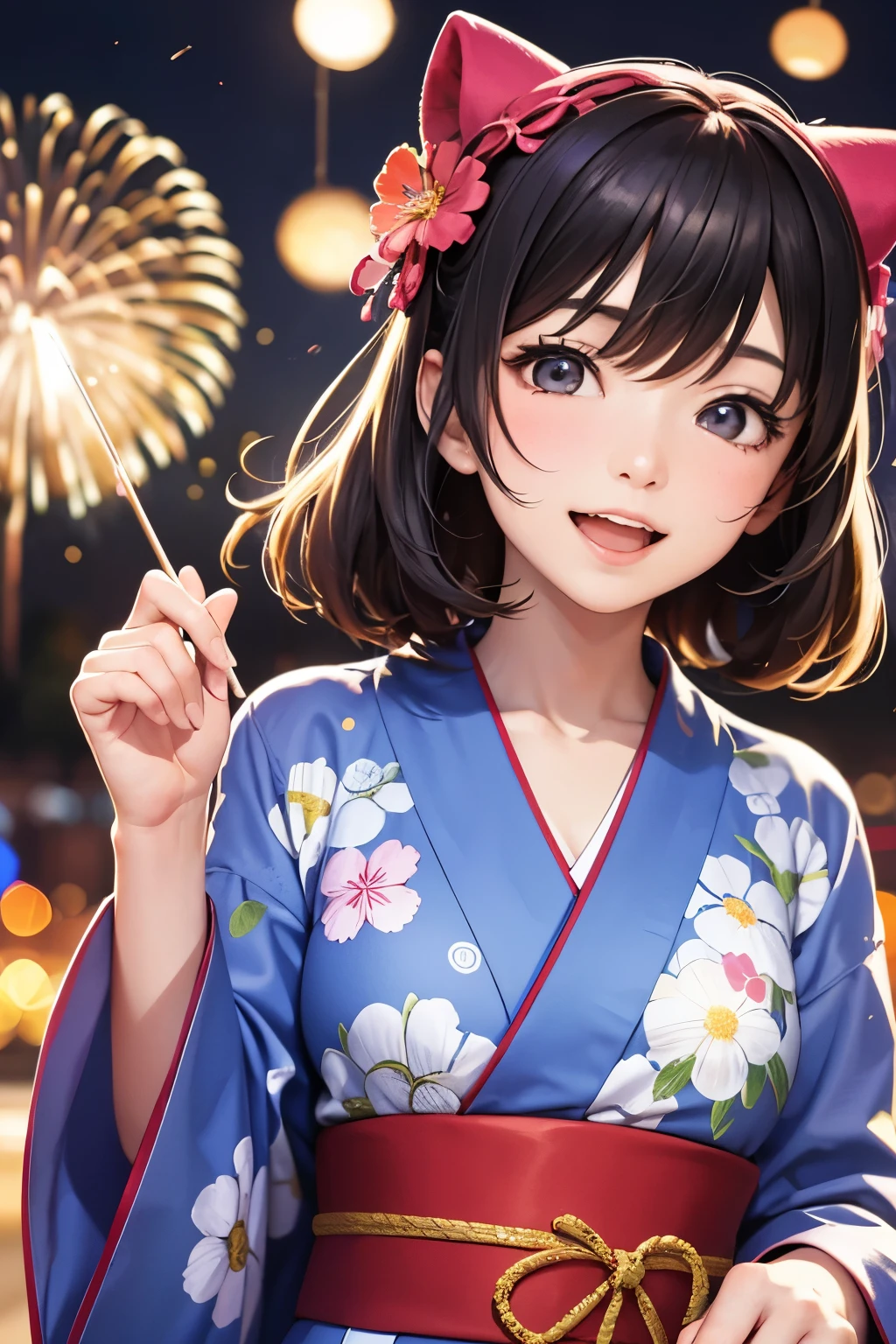Fireworks are being set off. BREAK A cute woman in a yukata is having fun. She has a mischievous smile on her face.