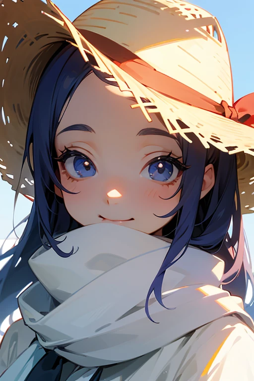 scarf、mouth is hidden、Big eyes、Long eyelashes、Staring at her boyfriend、I really like it、smile、(summer)、Hair is white、Straw hat、