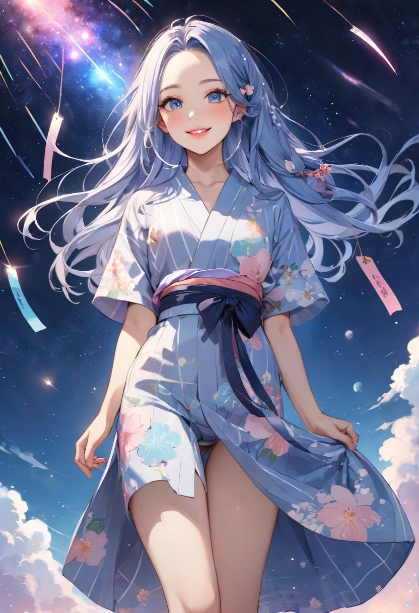 (Tanabata festival style), (in the detailed beautiful night, best sky of Galaxy), (solo:2,  yo, forehead blue hair long hair lovely girl, sexy blue eyes, pink lips, love smile, looking at sky), (in a cute yukata), break, background detailed Universe and Meteor shower, BREAK, perfect anatomy, masterpiece, best quality, 16k, beautiful detailed galaxy, daydreaming expression.