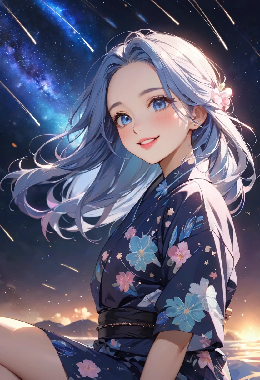 (Tanabata festival style), (in the detailed beautiful night, best sky of Galaxy), (solo:2, 15 yo, forehead blue hair long hair lovely girl, sexy blue eyes, pink lips, love smile, looking at sky), (in a cute yukata), break, background detailed Universe and Meteor shower, BREAK, perfect anatomy, masterpiece, best quality, 16k, beautiful detailed galaxy, daydreaming expression.