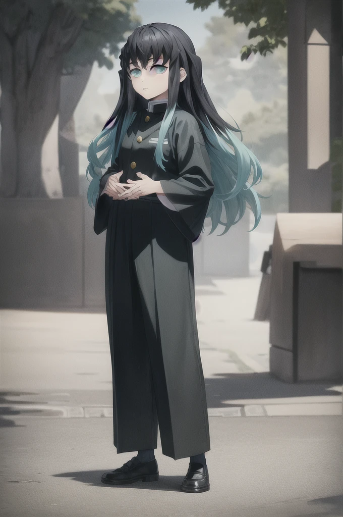 masterpiece, best quality, 1boy, muichiro,long hair, black hair, aqua hair, bangs,  multicolored hair, sidelocks, long sleeves, aqua eyes, demon slayer uniform, pants, standing, looking at viewer, ((hands up, horizontal arm))