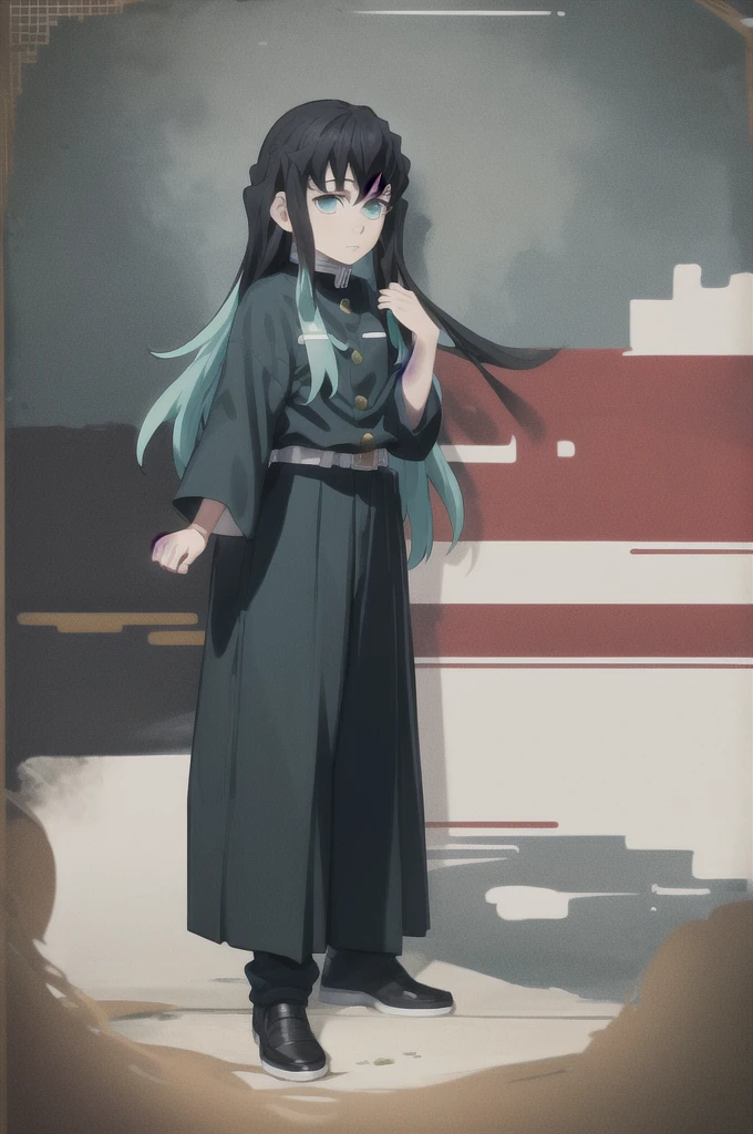 masterpiece, best quality, 1boy, muichiro,long hair, black hair, aqua hair, bangs,  multicolored hair, sidelocks, long sleeves, aqua eyes, demon slayer uniform, pants, standing, looking at viewer, ((hands up, horizontal arm))