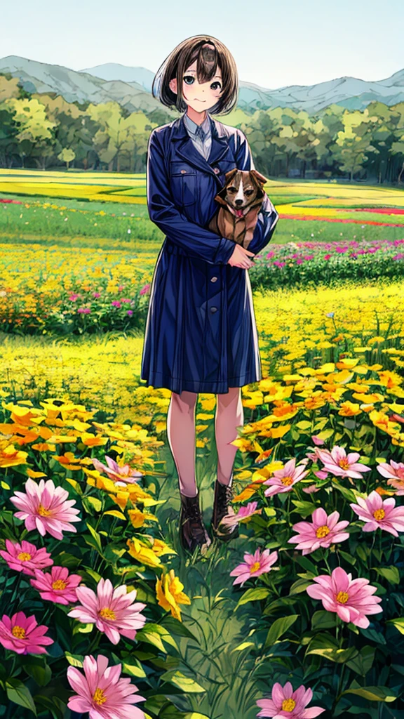 Cute standing in a flower field holding a dog