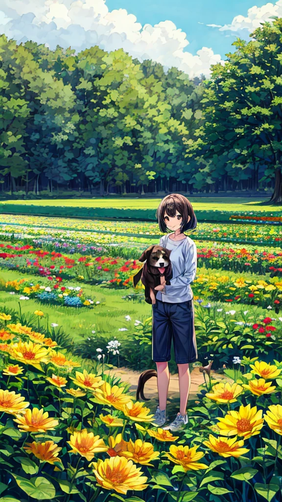 Cute standing in a flower field holding a dog