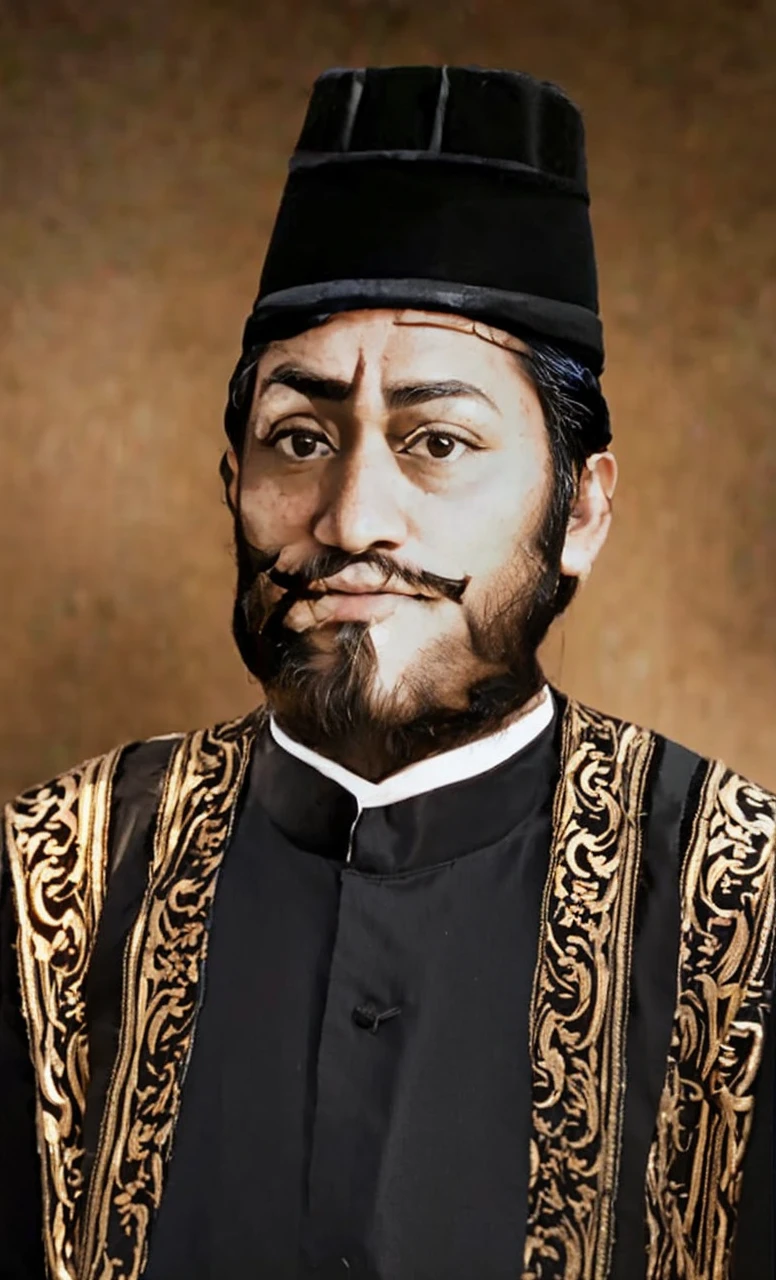 Indonesian Muslim man, brave king, wearing kanigaran clothing complete with black head covering, aged 40 years or over, brownish wrinkled skin, thick mustache and beard, long eyebrows, thin lips, closed mouth, thick black hair, big glaring eyes , Detailed Realistic HD Photos.