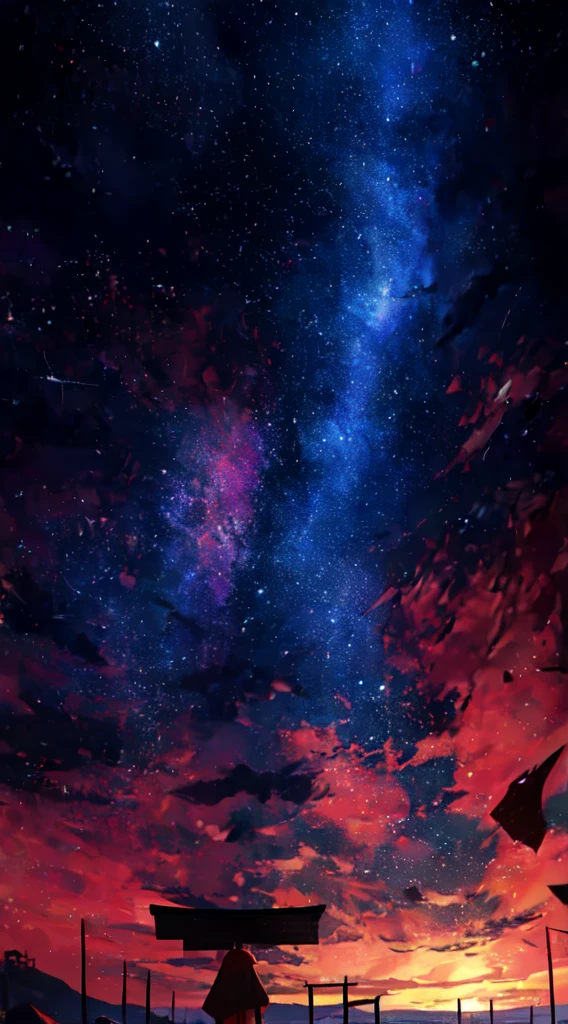 masterpiece、Highest quality、8K、High-definition CG unit wallpaper、High resolution、Highest quality、Highest qualityリアルテクスチャスキン、Surreal、Increase the resolution、RAW Photos、Highest quality、Very detailed、Girl with one pillow, distant girl wearing a kimono staring at the performer, (Zoom out:1.1), (Meteors:1.2), (comet:1.1), yourname, Low - Angle, From behind, Aloura Borealis, shooting star, yukata, Red kimono, firework、Summer Scenery、stall、, Standing in the field,Highest quality, masterpiece,  cloud,colorful, Starry sky,performer,