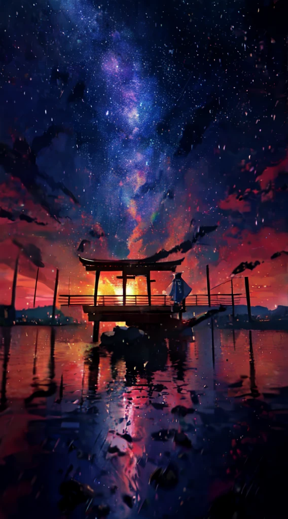 masterpiece、Highest quality、8K、High-definition CG unit wallpaper、High resolution、Highest quality、Highest qualityリアルテクスチャスキン、Surreal、Increase the resolution、RAW Photos、Highest quality、Very detailed、Girl with one pillow, distant girl wearing a kimono staring at the performer, (Zoom out:1.1), (Meteors:1.2), (comet:1.1), yourname, Low - Angle, From behind, Aloura Borealis, shooting star, yukata, Red kimono, firework、Summer Scenery、stall、, Standing in the field,Highest quality, masterpiece, cloud,colorful, Starry sky,performer,