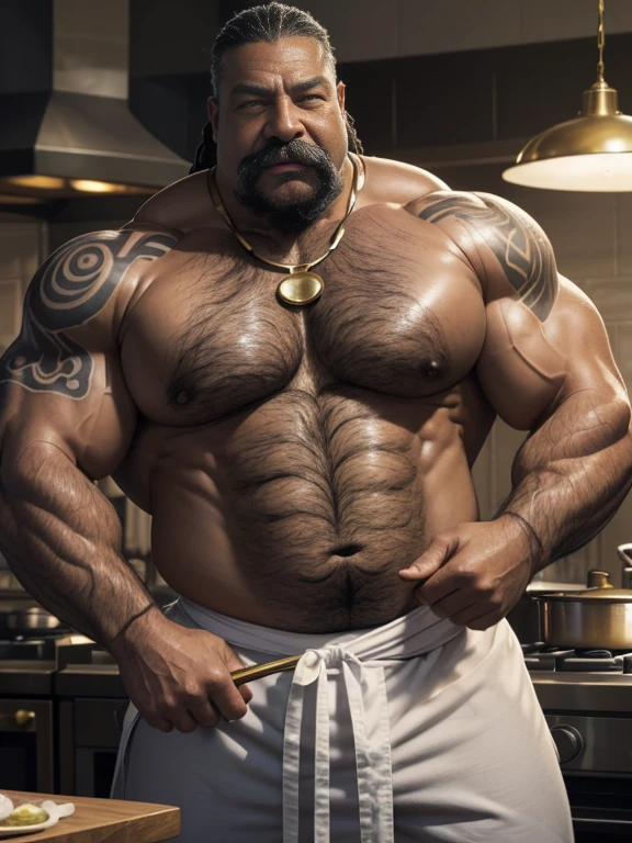 Bare-chested superhero chef, extremely old, more than 80 years, very muscular and fat of more than 200 kg, bare-chested african american, large and flaccid pectorals, huge brown nipples with brass rings, very long gray hair and big gray mustaches with huge tattooed arms in a kitchen wearing white chef pants 