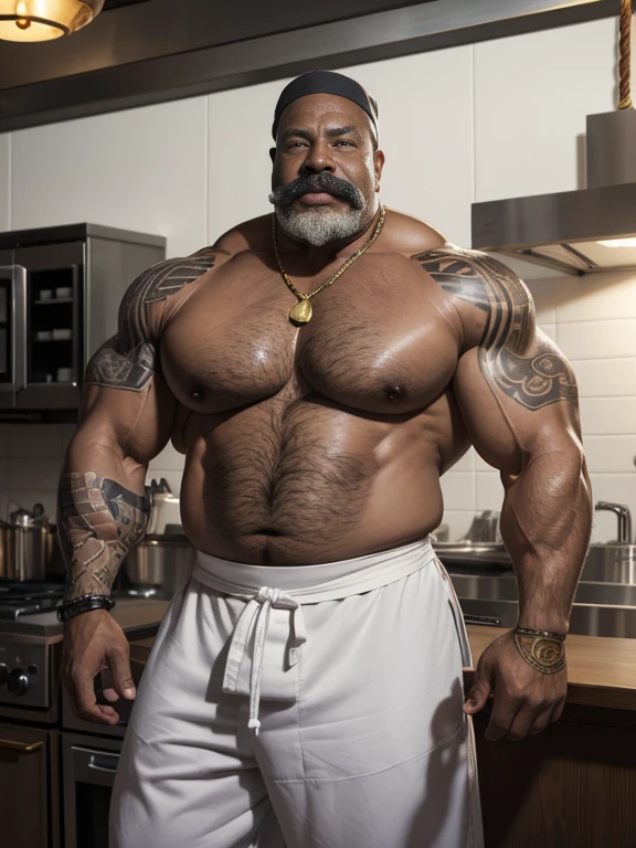 Bare-chested superhero chef, extremely old, more than 80 years, very muscular and fat of more than 200 kg, bare-chested african american, large and flaccid pectorals, huge brown nipples with brass rings, very long gray hair and big gray mustaches with huge tattooed arms in a kitchen wearing white chef pants