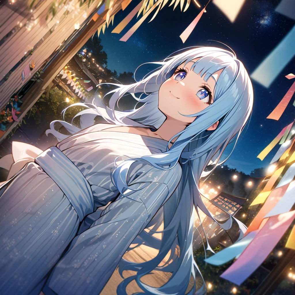 masterpiece, best quality, extremely detailed, (illustration, official art:1.1), 1 girl ,(((( light blue long hair)))), ,(((( light blue long hair)))),light blue hair, long hair ((blush)) , cute face, big eyes, masterpiece, best quality,(((((a very delicate and beautiful girl,))))),Amazing,beautiful detailed eyes,blunt bangs、((((little delicate girl)))),tareme(true beautiful:1.2), sense of depth,dynamic angle, ,flat chest, Tanabata、Top quality, masterpiece, Hikoboshi and Orihime, best smile, looking up at the sky, yukata, Milky Way, night view, Tanabata Festival, large tall bamboos and colorful hanging decoration,gold light particles effect、Starry sky
