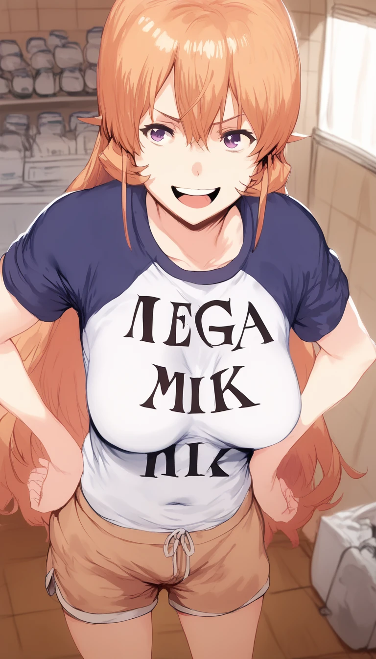 Hews art style, score_9, score_8_up, score_7_up, score_6_up, uncensored, mylene, long hair, silver hair, blue hairband, blue eyes, necklace, large breasts, smirk, upper teeth, mega milk, clothes writing, raglan sleeves, t-shirt, english text, breasts squeezed together, breast hold, grabbing own breast, shorts,