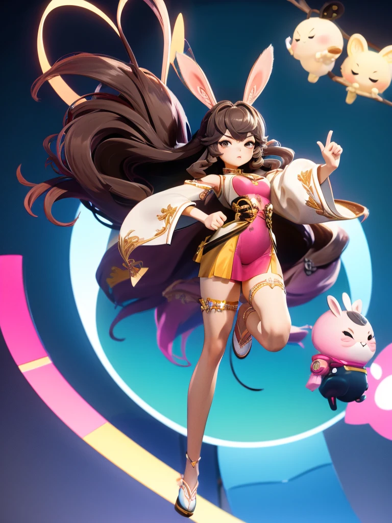 hair divided on half, Seizo Watase style, Simple Line Initialism,Abstract art, 3d character, colorful hearts ,(((The most beautiful girl of all time))), (full body 1.2), only girl, very long hair, sea background, 17 year old, full body, (((8k))), (((3d)), dark brown hair, mane of white rabbit ears, action pose