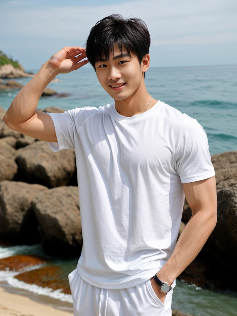 独奏: 1.5, (As a matter of fact, Masterpiece, 8k HD, good light quality, sportswear, fit the face, complicated details), A handsome Korean young man with muscular arms. , 20 years old, be happy, smile brightly, detailed face, delicate eyes, look at the sky, Wear a tight white t-shirt.:1.6, Long pants, period, black eyes, Black hair color, ผมsmooth, smooth, outdoor sports, By the sea, nighttime，Surreal，Awesome details，Highest quality，real，Open your mouth to talk. , Close your eyes., By the sea ชายหาด แสงแดด วิ่งเข้าหากล้อง