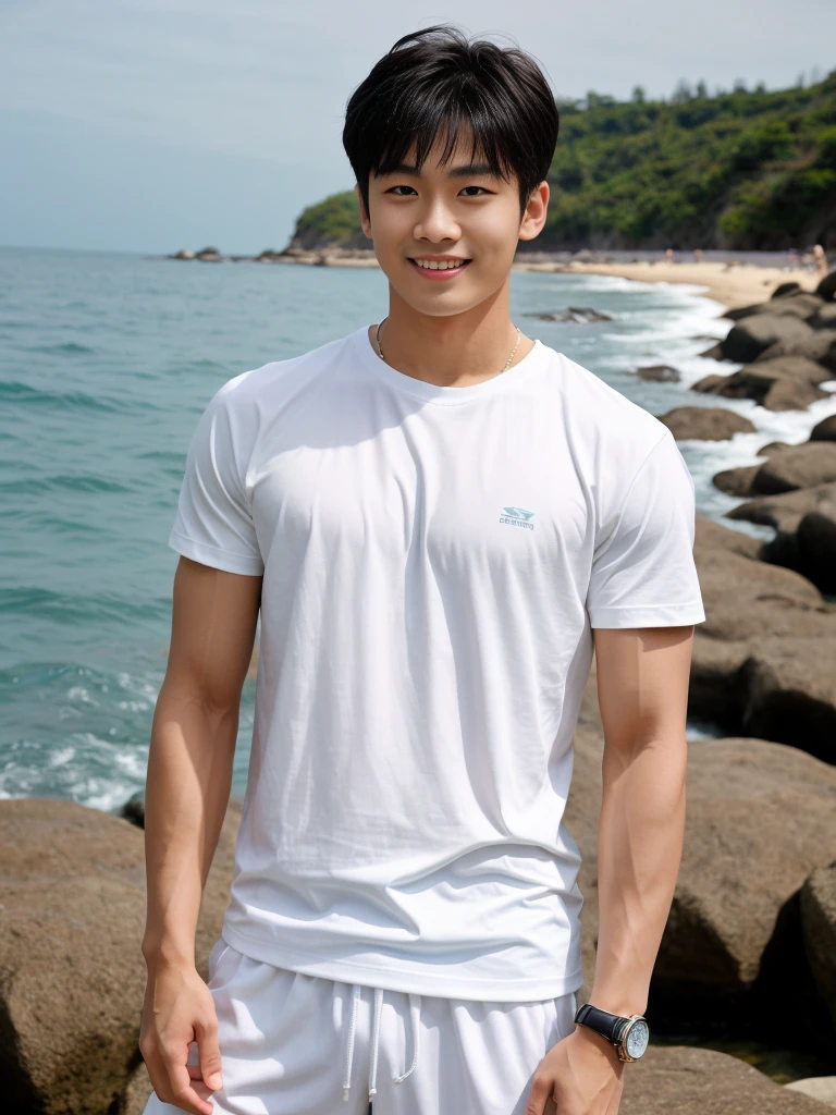 独奏: 1.5, (As a matter of fact, Masterpiece, 8k HD, good light quality, sportswear, fit the face, complicated details), A handsome Korean young man with muscular arms. , 20 years old, be happy, smile brightly, detailed face, delicate eyes, look at the sky, Wear a tight white t-shirt.:1.6, Long pants, period, black eyes, Black hair color, ผมsmooth, smooth, outdoor sports, By the sea, nighttime，Surreal，Awesome details，Highest quality，real，Open your mouth to talk. , Close your eyes., By the sea ชายหาด แสงแดด วิ่งเข้าหากล้อง