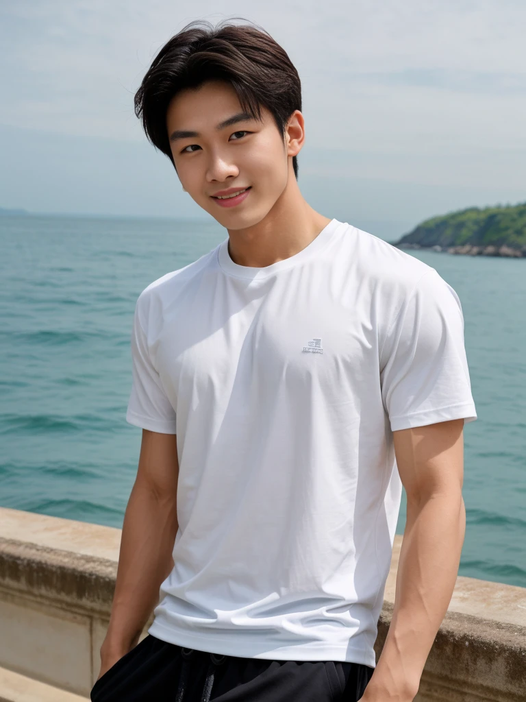 独奏: 1.5, (As a matter of fact, Masterpiece, 8k HD, good light quality, sportswear, fit the face, complicated details), A handsome Korean young man with muscular arms. , 20 years old, be happy, smile brightly, detailed face, delicate eyes, look at the sky, Wear a tight white t-shirt.:1.6, Long pants, period, black eyes, Black hair color, ผมsmooth, smooth, outdoor sports, By the sea, nighttime，Surreal，Awesome details，Highest quality，real，Open your mouth to talk. , Close your eyes., By the sea ชายหาด แสงแดด วิ่งเข้าหากล้อง