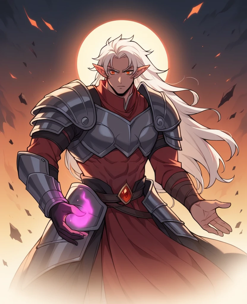World with a sky broken by multiverversal fragments like moon a planet of broken metal,a white haired gentleman,a godzilla-like monster,a red witch, a green witch and hundreds of soldiers all in war against a character similar to thresh ,senna and zed from lol