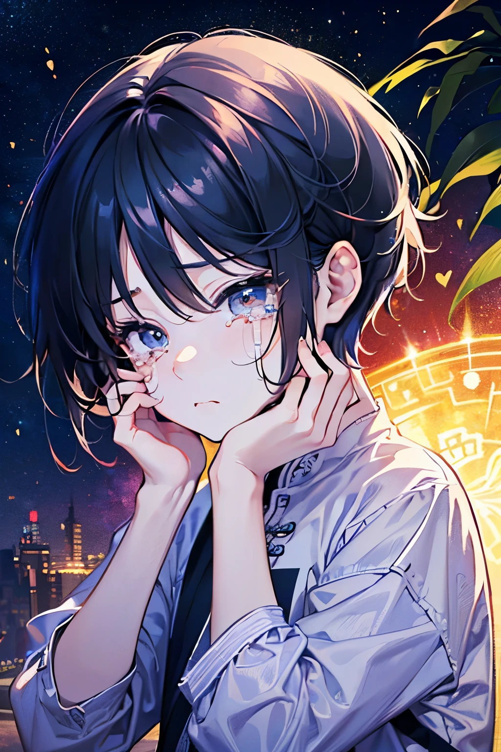 (brush),((cute,kawaii,wonderland)),(Sad face、Sad、🥺),(Crying pose with hands on face:1.25),((boy,Shota,juvenile:1.2)),((1.25)),((Casual modern clothing:1.25)),((Morning Renren:1.15)),Angle from below,Angle of incitement,((Stardust Road)),(Short Hair:1.3),Close-up of face.