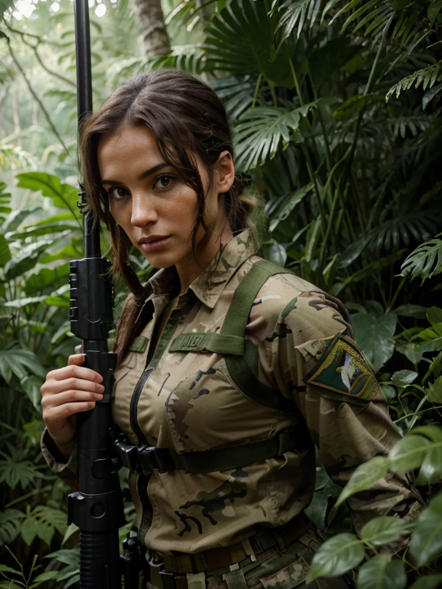 arafed woman in camouflage holding a gun in a forest, gorgeous jungle ranger, military girl, dressed in tactical armor, in a jungle, soldier girl, quiet from metal gear solid, in a jungle environment, beautiful female soldier, muscular sweat lara croft, in jungle, in the jungle, cute girl wearing tank suit, forest hunter lady, wearing military outfit
