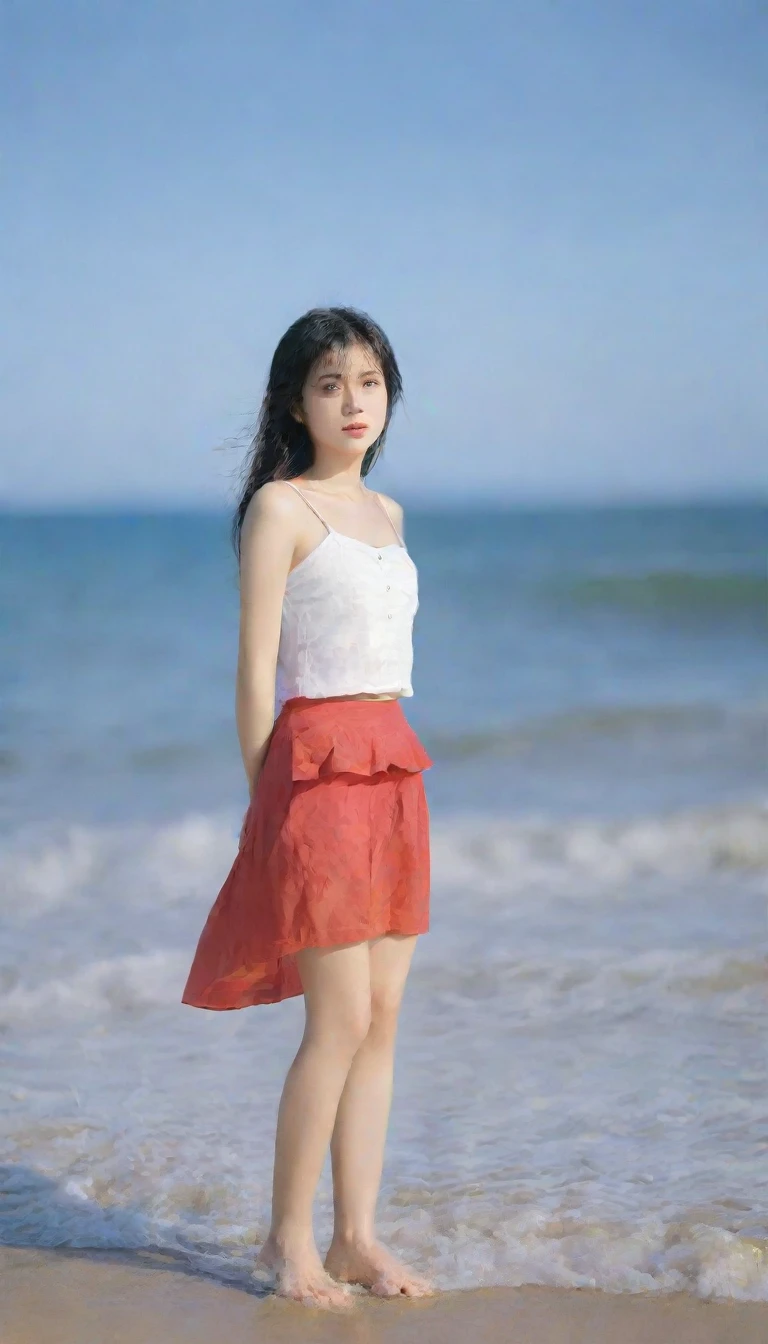 sunset red sun on the beach，A strong afterglow is reflected in the sea., Beautiful 36 year old short Korean woman, Chest size 34 inches, Wear sleeveless, light skirt. beautiful pretty woman look , wearing a light skirt , Go far into the sea water and dip your toes., Short medium hair blowing in the wind, 1 woman, beautiful eyes, a little smile, Full body photo from a distance with a wide angle lens, The background is clear and perfect, waves are coming, uhd