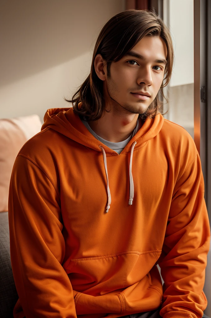 Professional Headshot Photo, Comfy orange clothes, 23 years old male, 4k, Realistic Art work, cute and energetic.