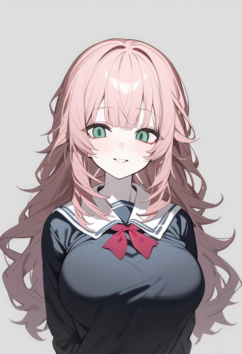 1 girl, Alone, Teenage girl, pink fur, wide, messy hair, wavy fur, long bangs, pale skin, Green eyes, BIG BREASTS, big eyes, SMILE, stoic, standing, (school uniform), (Gray background, simple background), Upper part of the body, Masterpiece, Best Quality