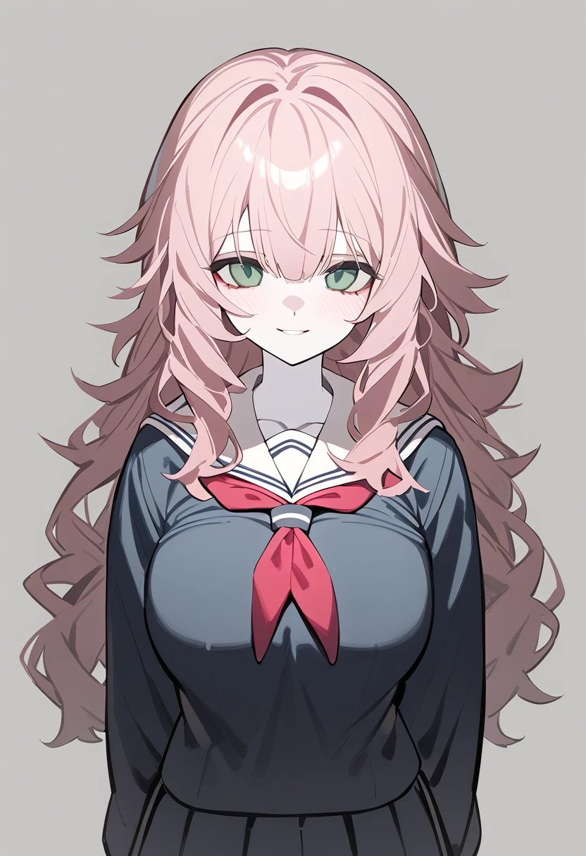 1 girl, Alone, Teenage girl, pink fur, wide, messy hair, wavy fur, long bangs, pale skin, Green eyes, BIG BREASTS, big eyes, SMILE, stoic, standing, (school uniform), (Gray background, simple background), Upper part of the body, Masterpiece, Best Quality