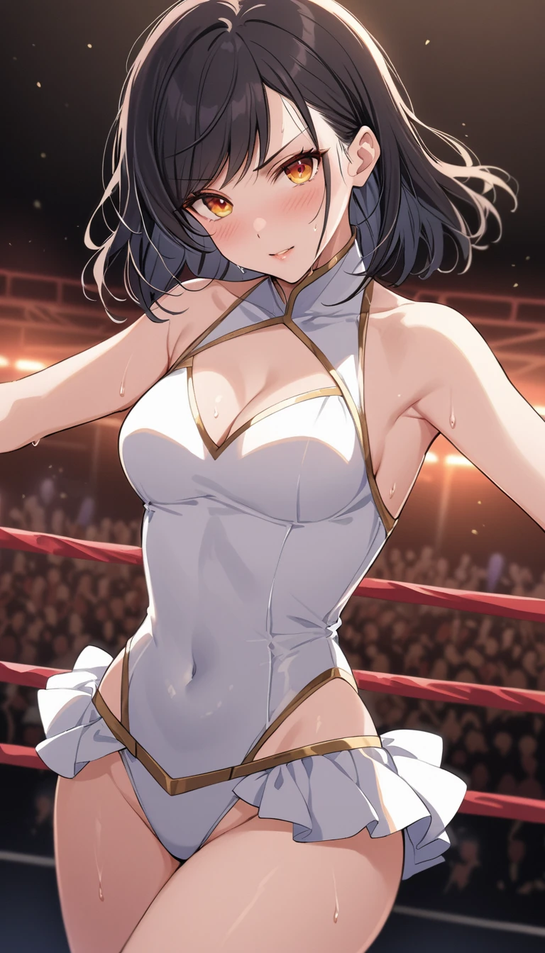 masterpiece, highest quality, (Highly detailed CG Unity 8k wallpaper), (highest quality), (Best illustrations), (Best Shadow), Confused, Realistic lighting, (abyss), Beautiful and delicate shine,victory,Random Pause,((Bare skin wet with sweat,Female professional wrestler)),Cute freckles on the cheeks,Mole under left eye,Cowboy Shot,Hair wet with sweat,A leotard-type wrestling costume with gorgeous decorations,pain,suffering,ring,Plump,Villain wrestler,Dyeing hair,