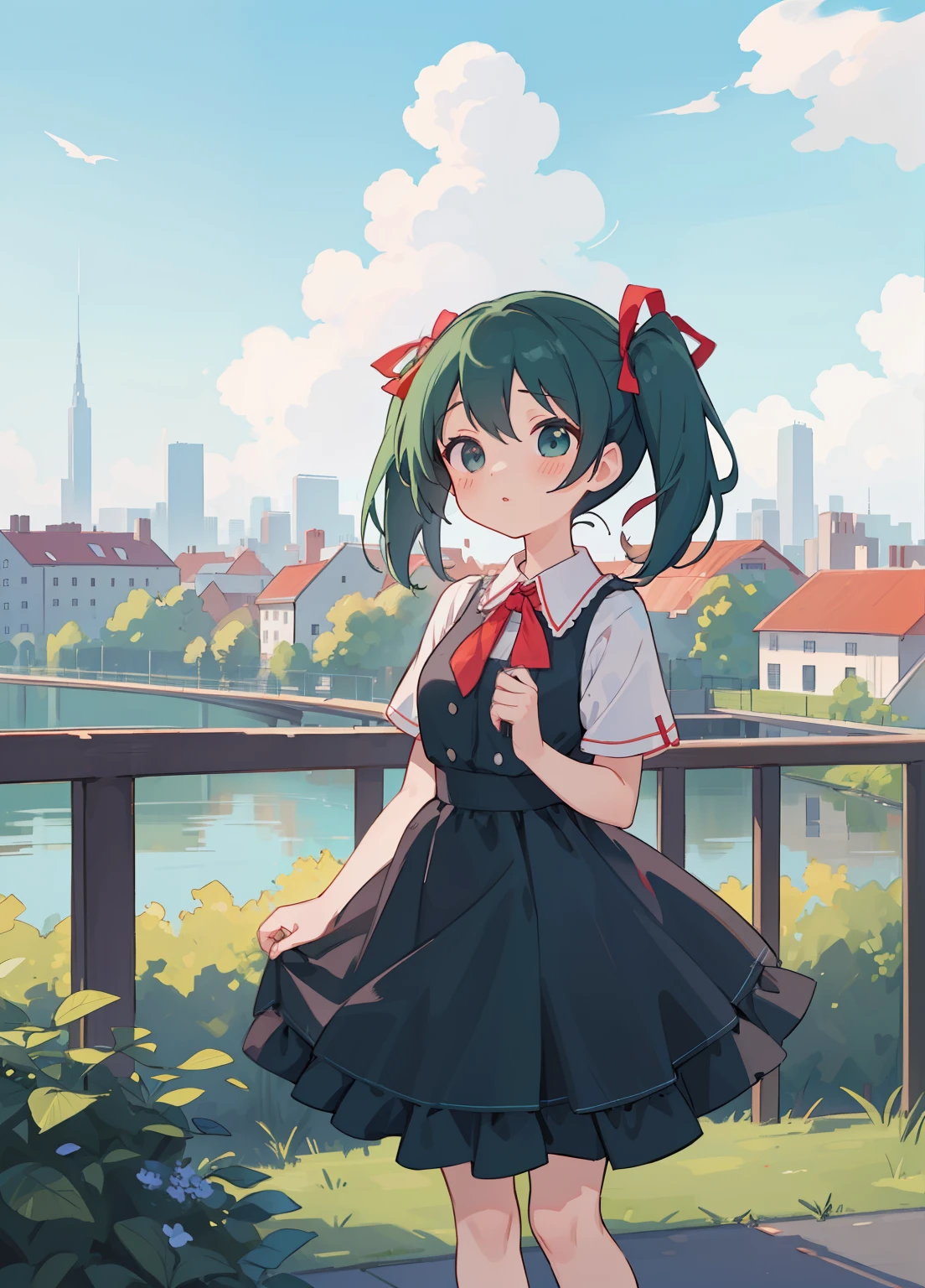 (masterpiece、Highest quality、Highest quality、Official Art、Beautiful and beautiful:1.2)、(One girl:1.3)Hatsune Miku、Twin tails,Beautiful breasts,One Girl,前hair,black_hair,green_Sky Porn,bridge,building,city,city,cityscape,cloud,Day,dress,look up_in_Audience,Outdoor,red_Neckwear,red_ribbon,ribbon,river,short_hair,short_sleeve,Sky Porn,Sky Pornscraper,一人in,Are standing,town,Let's take a look,(Tabletop,anime,newest,new,Exceptional:1.2),Big Breasts