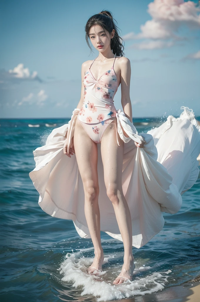 (((best quality))), (((ultra detailed))), (((masterpiece))), illustration,((1 beautiful young girl,solo)),((slim,thin)),(vibrant pink floral swimsuit:1.3),((small breasts,flat chest)),(short ponytail:1.2),((shiny skin,sweat,wet)),(slender legs:1.2),seaside, summer, joyful, playful, physical features, smooth fair skin, gentle sea breeze, endless azure sky, picturesque backdrop, whiteness of sand, deep blues of the sea, waves crashing, internal turmoil, transformation,on the cusp of womanhood, confidence, sexuality, metaphorical plunge, next chapter of life,significance of the moment, beauty of the seaside, celebration of youth, excitement of summer ahead,(standing:1.3),(from front:1.3),(full body:1.3)