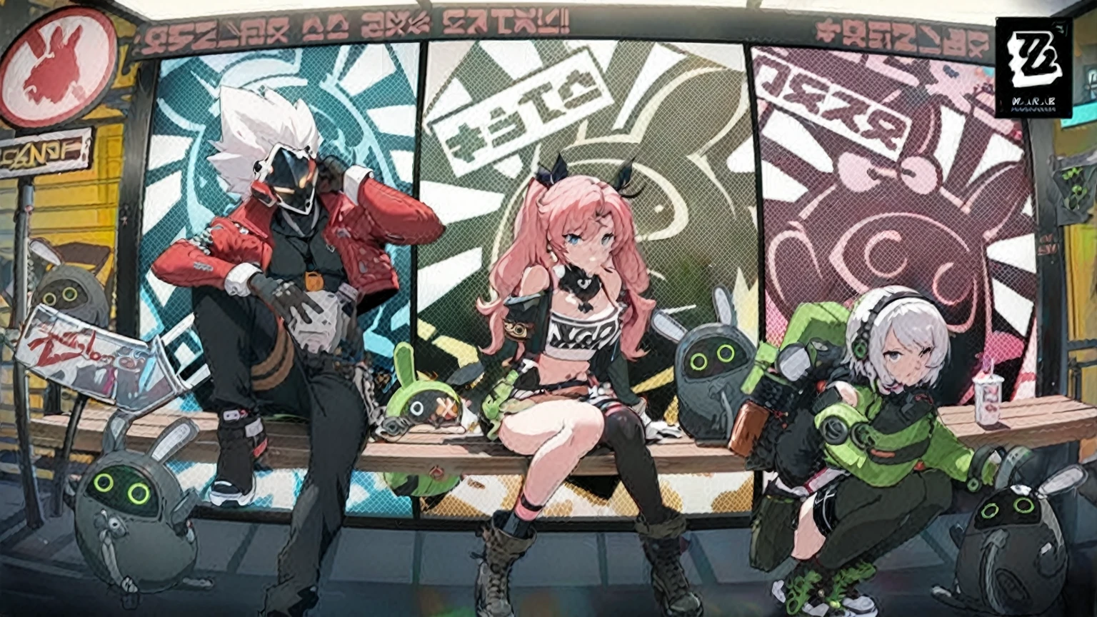 anime characters sitting on a bench in front of a building, guilty gear strive splash art, trending on artstation pixiv, best anime 4k konachan wallpaper, rossdraws and jazza, guilty gear art style, pixiv style, anime cyberpunk art, top rated on pixiv, pixiv, cushart kenz, popular on pixiv