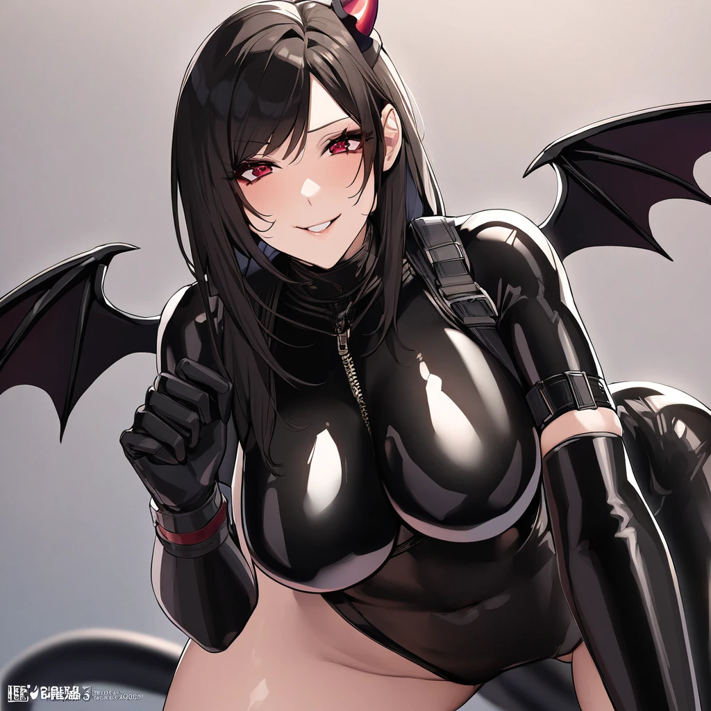 ((Highest quality)), ((masterpiece)), (detailed), (Perfect Face)、A naked woman is the devil queen Tifa Lockhart, a sexy female demon wearing a shiny black full-body bodysuit decorated with gold.、The woman is a female demon with magnificent devil horns, jet black devil wings, and a jet black tail. She is looking at the camera with a happy expression, her name is Tifa Lockhart, and she has medium long black hair and the expression of a girl in love.、The woman is Tifa Lockhart