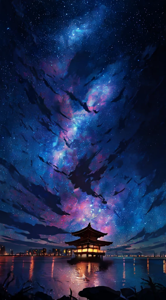 Masterpiece, Top Quality, 8K, High Definition CG Unit Wallpaper, High Resolution, Top Quality, Top Quality Real Texture Skin, Surreal, Increase Resolution, RAW Photo, Top Quality, Highly Detailed, Low Angle, From Behind, Aloura Borealis , shooting star, yukata, red kimono, fireworks, summer scenery, food stalls, standing in the field, top quality, masterpiece, clouds, colorful, starry sky, performers,