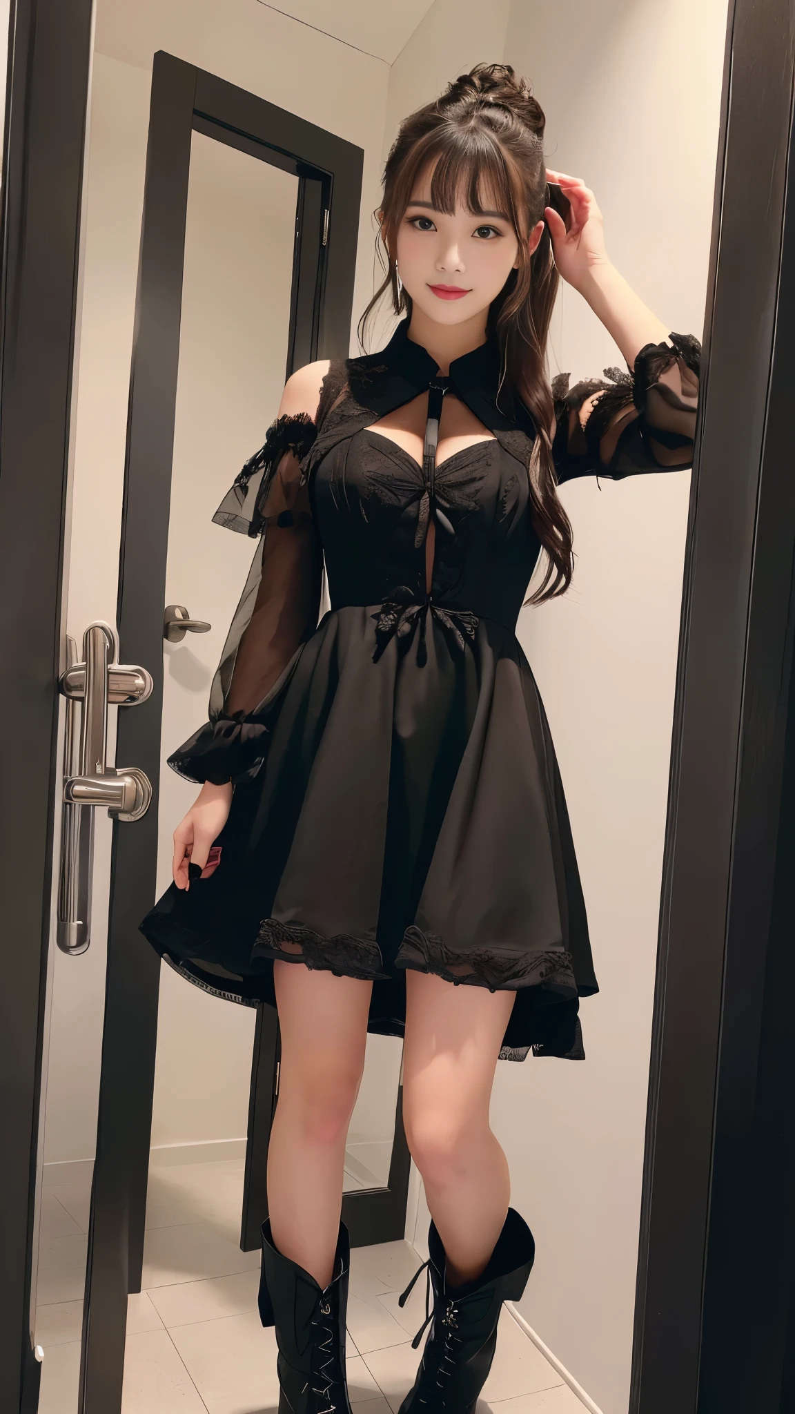 A girl standing in a doorway wearing a black dress and black boots, Girl in a black dress, In a dress, from Girls' Frontline, Girls' Frontline style, Cute girl in a nice dress, Fine details, Girls' Frontline, Cute girl visuals, Girls' Frontline cg, Blonde girl with long hair, Beautiful school girl, Idol Face, Beautiful breasts, (Detailed eyes and face:1.3, Professional photography techniques), (Detailed hands:1.2, Beautiful little hands of a girl:1.3), (Highest quality, 8K, masterpiece:1.2, RAW Photos), (Beautiful eyes in every detail), (Gaze at the viewer, blush:1.3), (Perfect Anatomy:1.3)