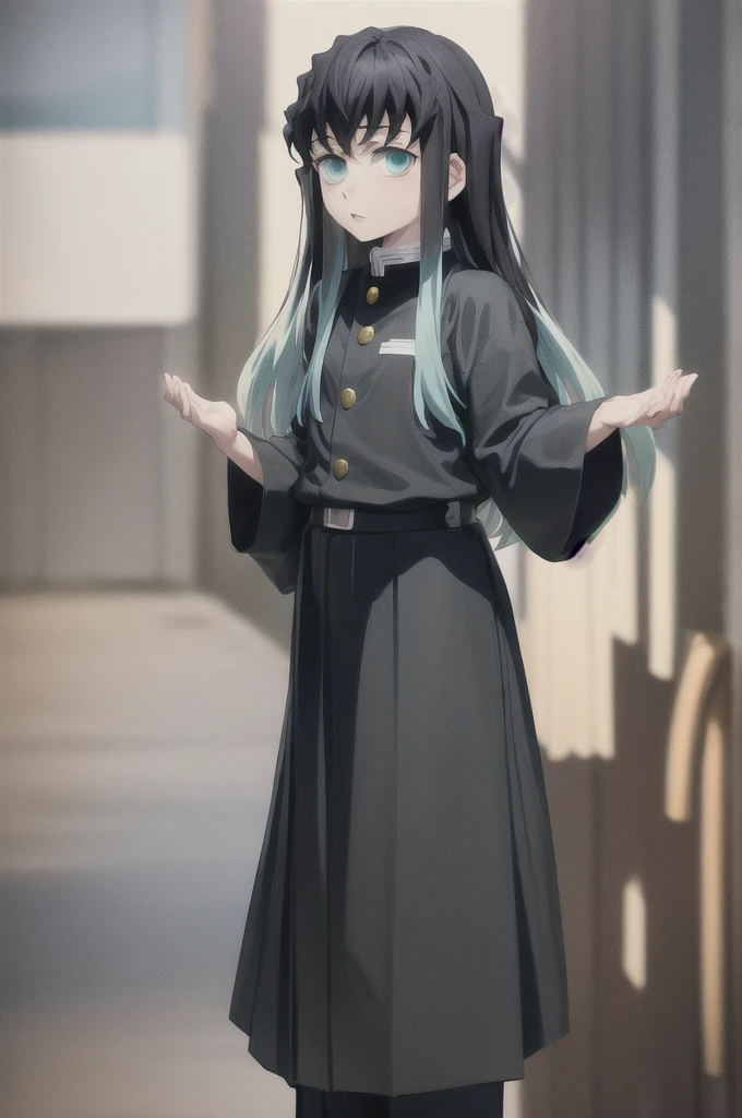 masterpiece, best quality, 1boy, muichiro,long hair, black hair, aqua hair, bangs, multicolored hair, sidelocks, long sleeves, aqua eyes, demon slayer uniform, pants, standing, looking at viewer, ((hands up))
