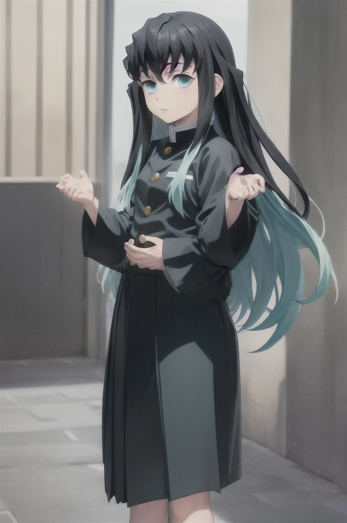 masterpiece, best quality, 1boy, muichiro,long hair, black hair, aqua hair, bangs, multicolored hair, sidelocks, long sleeves, aqua eyes, demon slayer uniform, pants, standing, looking at viewer, ((hands up))