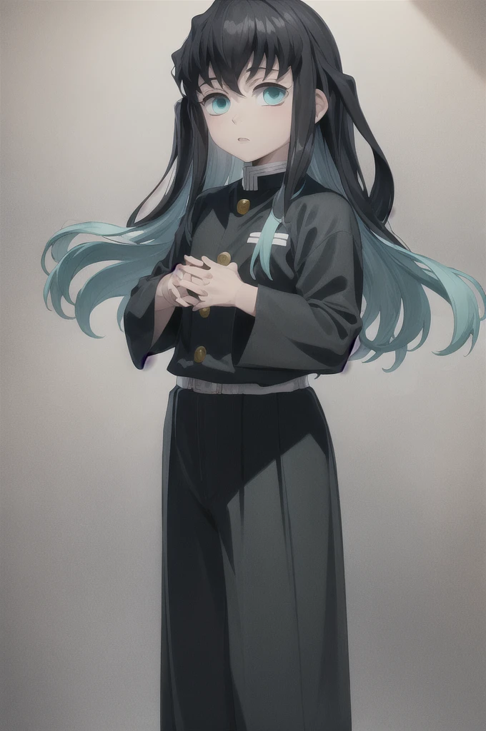 masterpiece, best quality, 1boy, muichiro,long hair, black hair, aqua hair, bangs,  multicolored hair, sidelocks, long sleeves, aqua eyes, demon slayer uniform, pants, standing, looking at viewer, ((hands up))