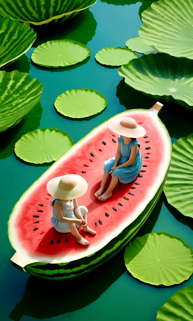 Hot summer，Two children sitting on a giant watermelon-shaped boat，Back，Wear a sun hat，Fundo verde claro，Summer elements，Lotus Pond，A hot, sunny day in midsummer，Fresh and beautiful atmosphere