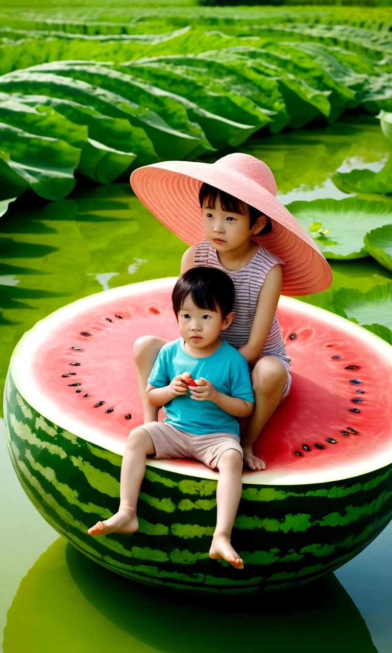 Hot summer，Two children sitting on a giant watermelon-shaped boat，Back，Wear a sun hat，Fundo verde claro，Summer elements，Lotus Pond，A hot, sunny day in midsummer，Fresh and beautiful atmosphere