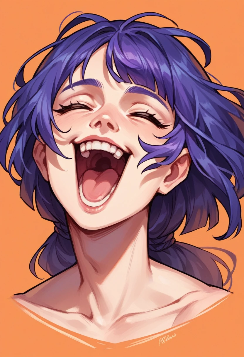 raiden shougn, purple hair, closed eyes, a girl laughing, open mouth, with an orange background, portrait