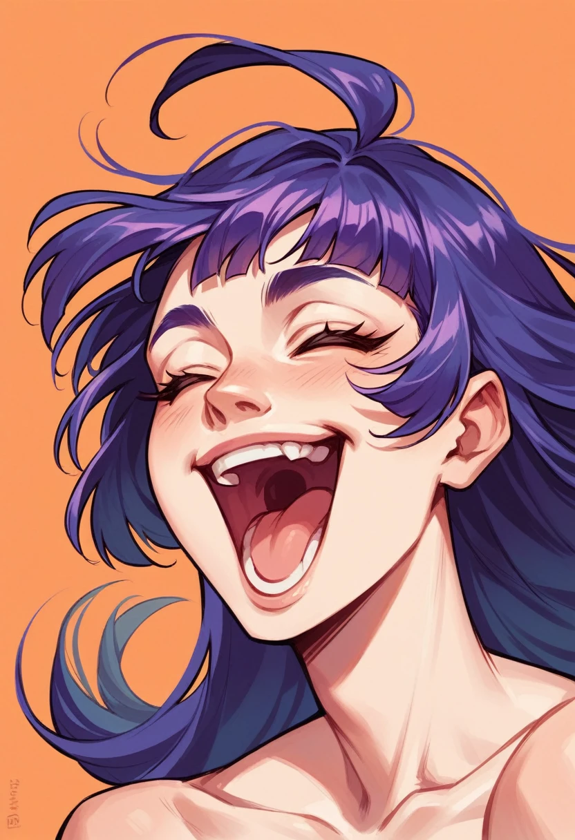 raiden shougn, purple hair, closed eyes, a girl laughing, open mouth, with an orange background, portrait