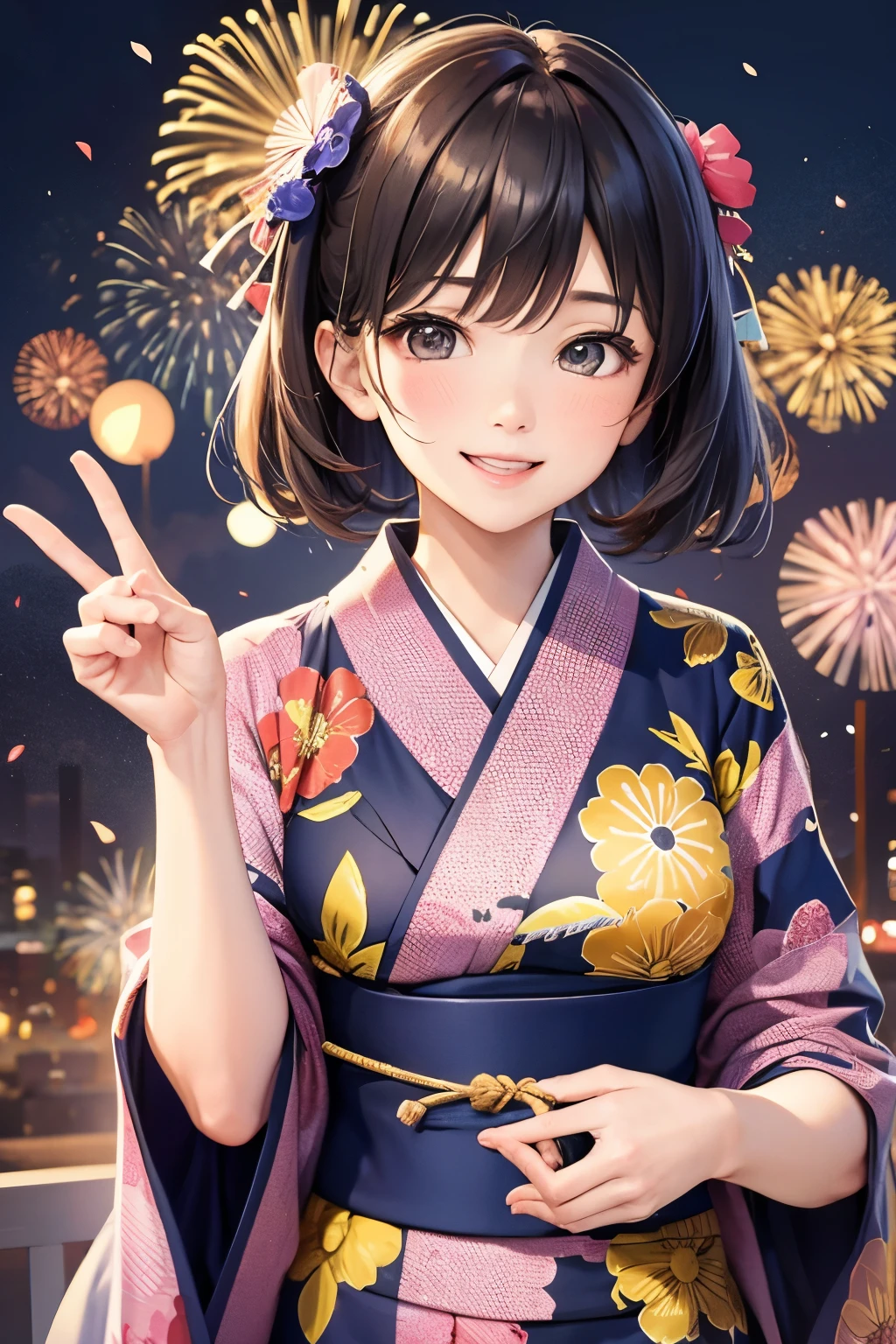 Fireworks are being set off. BREAK A cute woman in a yukata is having fun. She has a mischievous smile on her face.