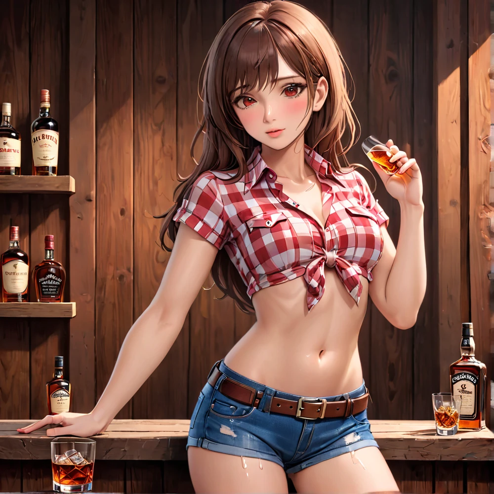 (((Being a single woman:2.0))),(((NSFW:0.5))),(((Wear denim hot pants:1.5))),(((Wear a red checked short-sleeved collared shirt:1.5))),(((Wear a gun belt with a holster:1.8))),,((Wear a watch on your wrist:1.5))),(((Showing cleavage))),(((Exposed thin inner thighs))),(((Small breasts:1.5))),(((Navel exposed:1.5))),(((Bare arms))),(((Put on your boots:1.5))),((Blushed:1.8)), Beautiful detailed girl, Very detailed目と顔, 緻密でBeautiful Eyes, Very detailed, High resolution, Highest quality, masterpiece, Very detailed, 8k wallpaper, wonderful, finely, Highest quality,(Standing in front of a wooden wall),Beautiful Eyes,((Engage your audience:1.5))),((Drinking whiskey:1.4)),(((Drunk,Hiccups:1.8))),(((Crying face:1.5))),(((Touch your chest with your left hand:1.2)))