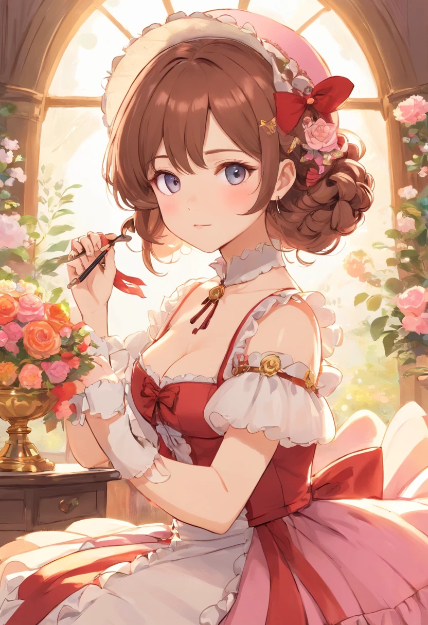 (Masterpiece), (best quality), illustration of Victorian Girl、kawaii girl、aniime、 1. **lo fashion**: Victorian fashion is characterized by dressy and elegant design。Ruffles and laces、corsets、Try incorporating elements such as long dresses。 2. **hairstyle on**: Women's hairstyles in the Victorian era are often complex and delicate。Upstyling and curling、It is also a good idea to add ribbons and floral ornaments to the hair.。 3. **Features**: girl features with soft features、Beautiful、kawaii、intelligent Beatty, Beautiful 5. **accessorized**: Accessories played an important role in the Victorian era。Hats、gloves、umbrellas, etc.、By drawing accessories with attention to detail、You can give your character personality。 Nice dress、florals、Luxurious costumes、PastelColors, (shining brightly), ((dazzling)), (floating a lot of flower petals, ((2d)), ((paper art))、(((glamorous)))、Plump、(((Chubby Mature Woman)))、(((Huge breasts)))、sexy woman、(Voluptuous:1.2)