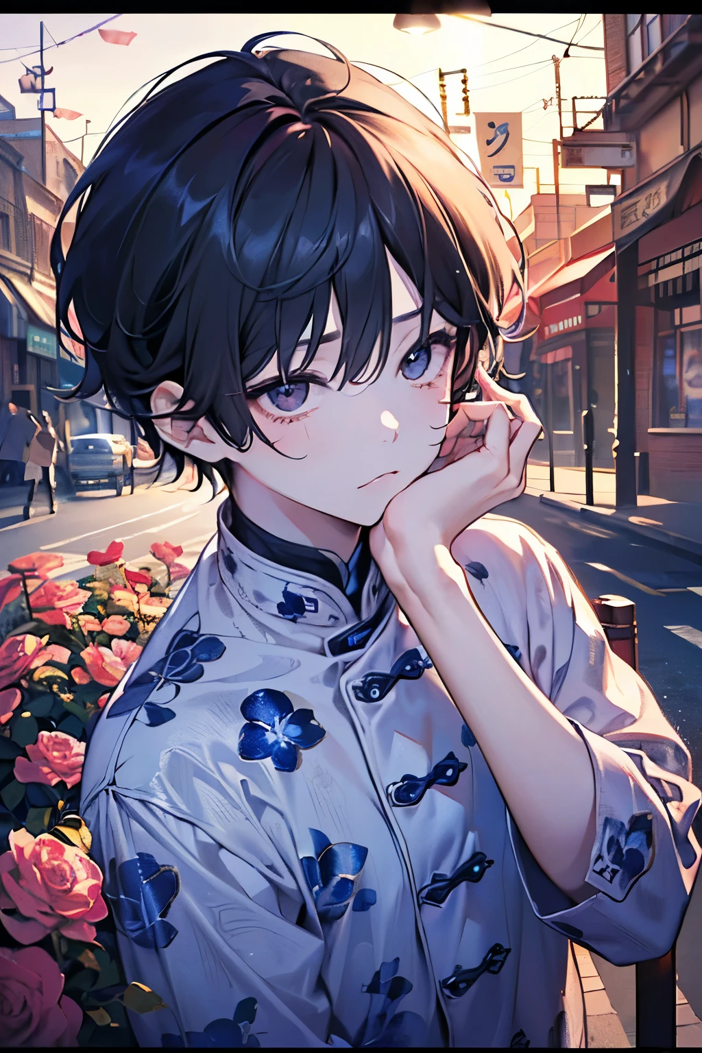 (brush),((cute,kawaii,wonderland)),(Sad face、Sad、🥺),(Pose with hands on face:1.25),((boy,Shota,juvenile:1.2)),((1.25)),((Casual modern clothing:1.25)),((Morning Renren:1.15)),Angle from below,Angle of incitement,((Stardust Road)),(Short Hair:1.3),Close-up of face.