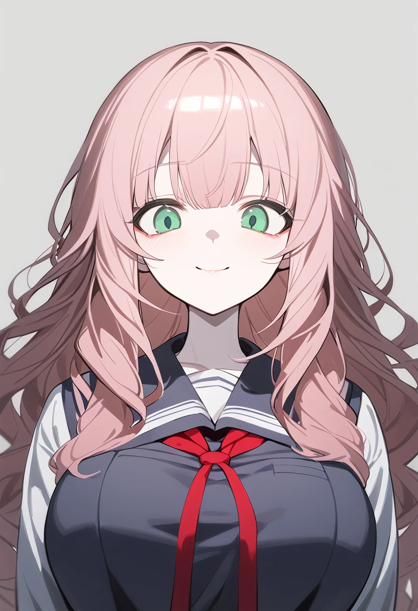 1 girl, Alone, Teenage girl, pink fur, wide, messy hair, wavy fur, long bangs, pale skin, Green eyes, BIG BREASTS, big eyes, SMILE, stoic, standing, (school uniform), (Gray background, simple background), Upper part of the body, Masterpiece, Best Quality, dynamic angle