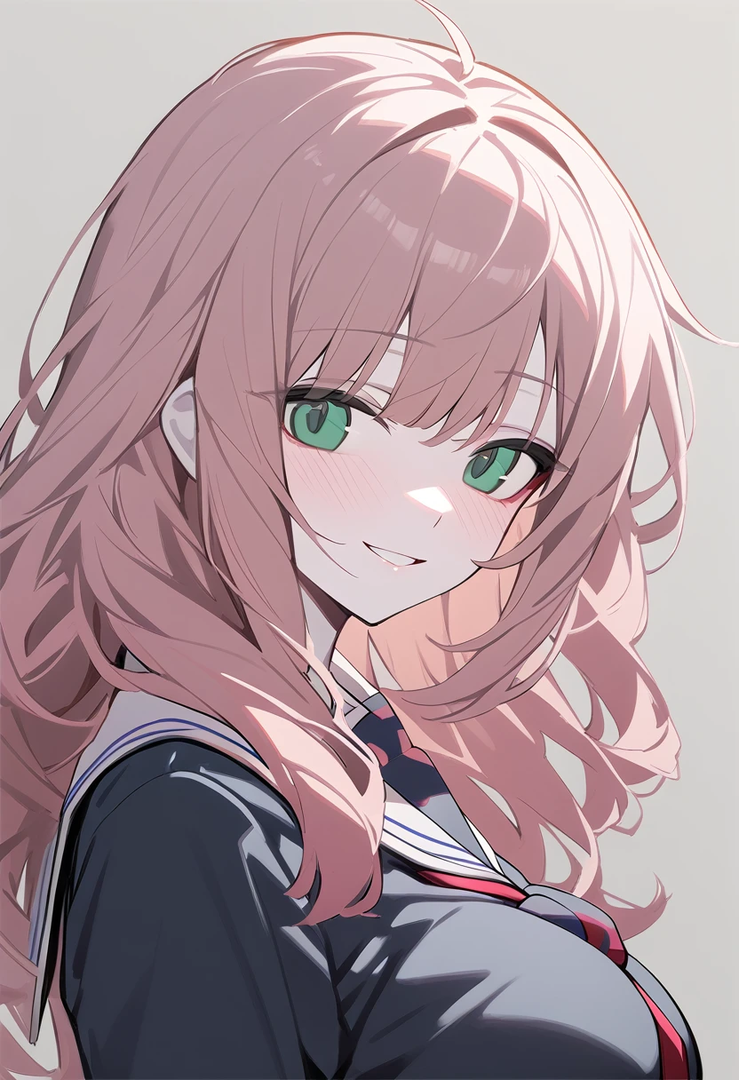 1 girl, Alone, Teenage girl, pink fur, wide, messy hair, wavy fur, long bangs, pale skin, Green eyes, BIG BREASTS, big eyes, SMILE, stoic, standing, (school uniform), (Gray background, simple background), Upper part of the body, Masterpiece, Best Quality, dynamic angle