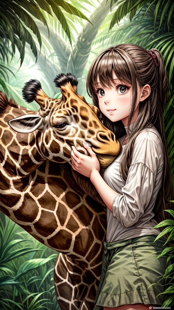 Cute girl touching a big giraffe, jungle background